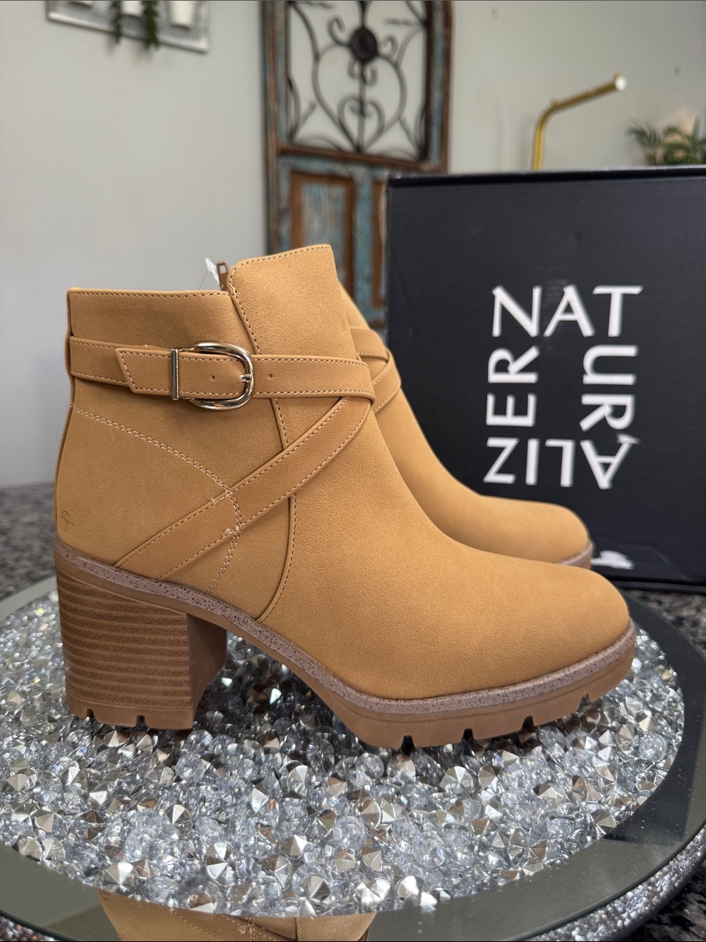 Naturalizer Madalynn Camel water repellent Buckle Strap Ankle Booties NEW 8W